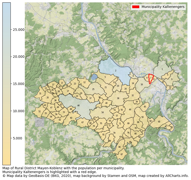 Map of Rural district Mayen-Koblenz with the population per municipality.Municipality Kaltenengers is highlighted with a red edge.. This page shows a lot of information about residents (such as the distribution by age groups, family composition, gender, native or German with an immigration background, ...), homes (numbers, types, price development, use, type of property, ...) and more (car ownership, energy consumption, ...) based on open data from the German Federal Agency for Cartography, the Federal Statistical Office (DESTATIS), the Regional Statistical Offices and various other sources!