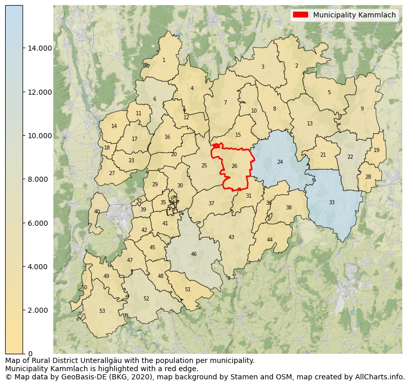 Map of Rural district Unterallgäu with the population per municipality.Municipality Kammlach is highlighted with a red edge.. This page shows a lot of information about residents (such as the distribution by age groups, family composition, gender, native or German with an immigration background, ...), homes (numbers, types, price development, use, type of property, ...) and more (car ownership, energy consumption, ...) based on open data from the German Federal Agency for Cartography, the Federal Statistical Office (DESTATIS), the Regional Statistical Offices and various other sources!