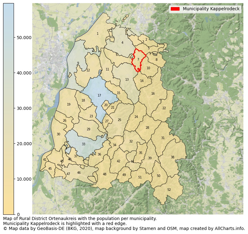 Map of Rural district Ortenaukreis with the population per municipality.Municipality Kappelrodeck is highlighted with a red edge.. This page shows a lot of information about residents (such as the distribution by age groups, family composition, gender, native or German with an immigration background, ...), homes (numbers, types, price development, use, type of property, ...) and more (car ownership, energy consumption, ...) based on open data from the German Federal Agency for Cartography, the Federal Statistical Office (DESTATIS), the Regional Statistical Offices and various other sources!