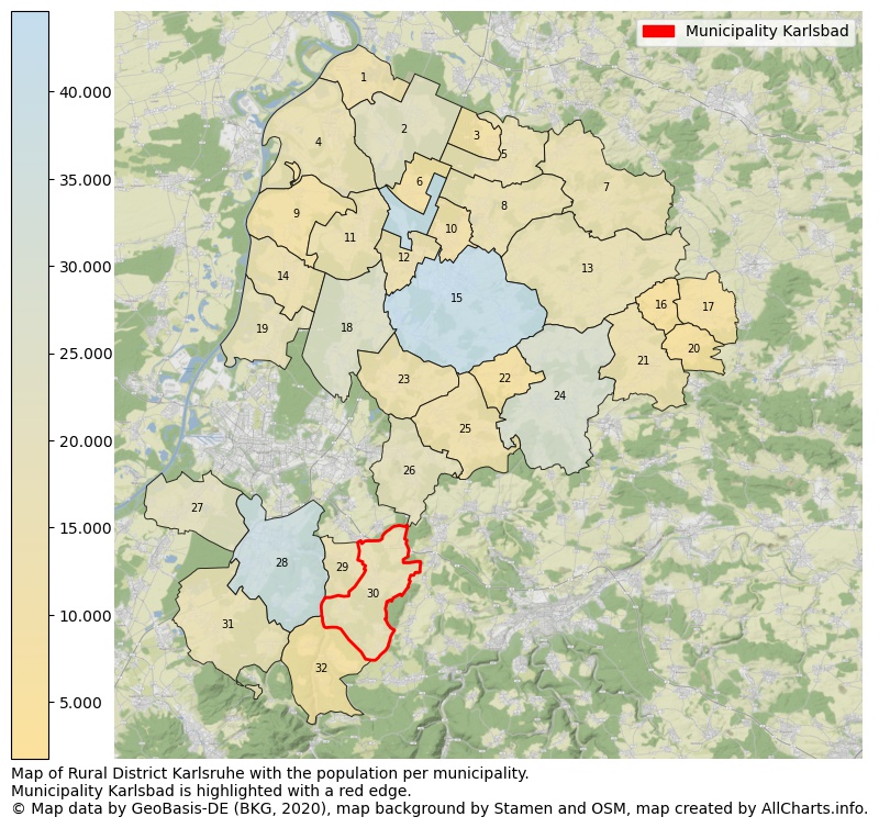 Map of Rural district Karlsruhe with the population per municipality.Municipality Karlsbad is highlighted with a red edge.. This page shows a lot of information about residents (such as the distribution by age groups, family composition, gender, native or German with an immigration background, ...), homes (numbers, types, price development, use, type of property, ...) and more (car ownership, energy consumption, ...) based on open data from the German Federal Agency for Cartography, the Federal Statistical Office (DESTATIS), the Regional Statistical Offices and various other sources!