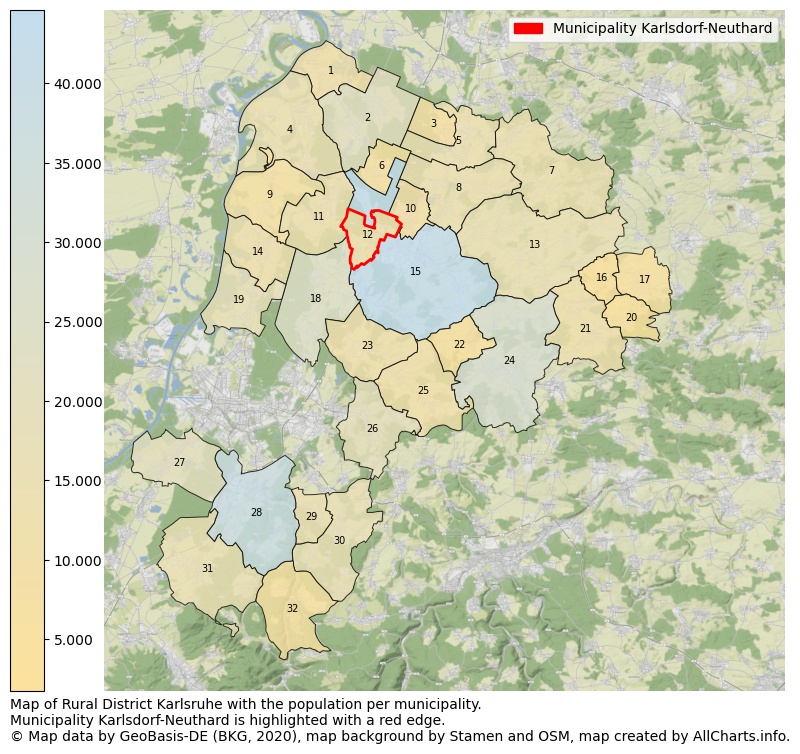 Map of Rural district Karlsruhe with the population per municipality.Municipality Karlsdorf-Neuthard is highlighted with a red edge.. This page shows a lot of information about residents (such as the distribution by age groups, family composition, gender, native or German with an immigration background, ...), homes (numbers, types, price development, use, type of property, ...) and more (car ownership, energy consumption, ...) based on open data from the German Federal Agency for Cartography, the Federal Statistical Office (DESTATIS), the Regional Statistical Offices and various other sources!