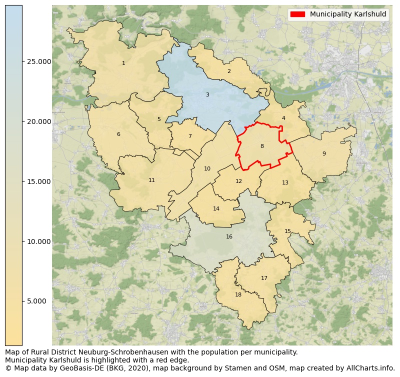 Map of Rural district Neuburg-Schrobenhausen with the population per municipality.Municipality Karlshuld is highlighted with a red edge.. This page shows a lot of information about residents (such as the distribution by age groups, family composition, gender, native or German with an immigration background, ...), homes (numbers, types, price development, use, type of property, ...) and more (car ownership, energy consumption, ...) based on open data from the German Federal Agency for Cartography, the Federal Statistical Office (DESTATIS), the Regional Statistical Offices and various other sources!