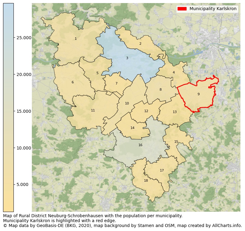 Map of Rural district Neuburg-Schrobenhausen with the population per municipality.Municipality Karlskron is highlighted with a red edge.. This page shows a lot of information about residents (such as the distribution by age groups, family composition, gender, native or German with an immigration background, ...), homes (numbers, types, price development, use, type of property, ...) and more (car ownership, energy consumption, ...) based on open data from the German Federal Agency for Cartography, the Federal Statistical Office (DESTATIS), the Regional Statistical Offices and various other sources!
