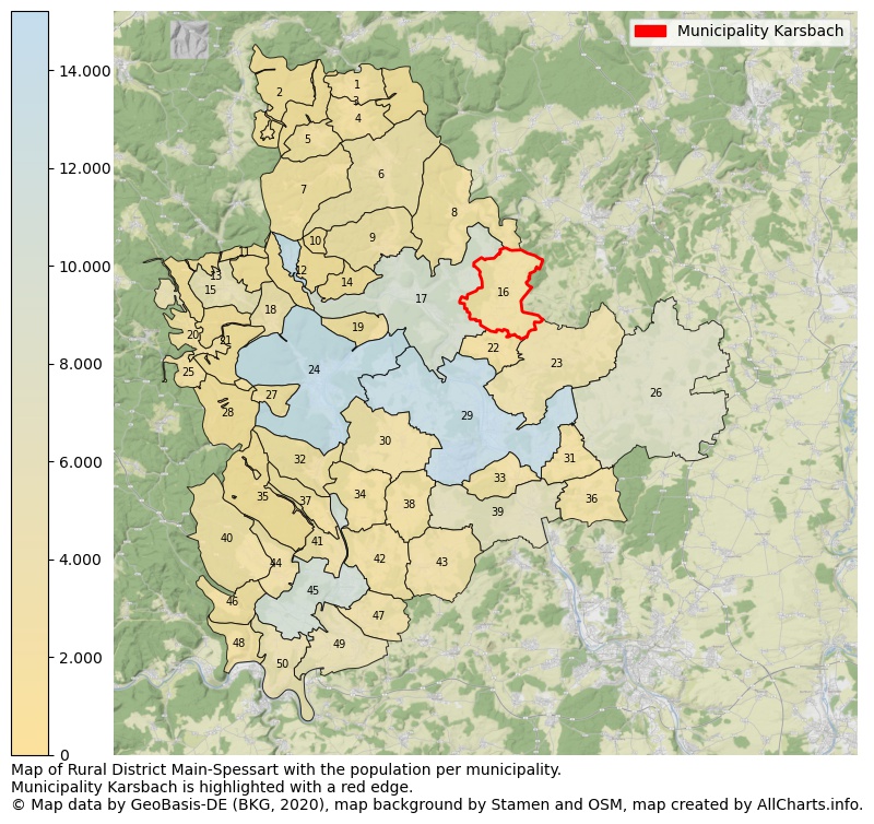 Map of Rural district Main-Spessart with the population per municipality.Municipality Karsbach is highlighted with a red edge.. This page shows a lot of information about residents (such as the distribution by age groups, family composition, gender, native or German with an immigration background, ...), homes (numbers, types, price development, use, type of property, ...) and more (car ownership, energy consumption, ...) based on open data from the German Federal Agency for Cartography, the Federal Statistical Office (DESTATIS), the Regional Statistical Offices and various other sources!
