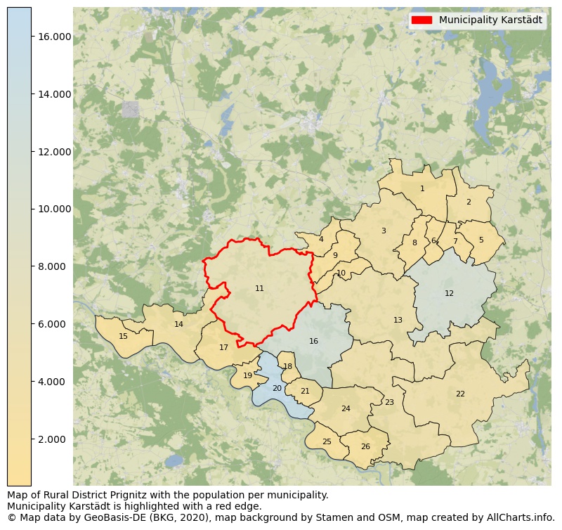 Map of Rural district Prignitz with the population per municipality.Municipality Karstädt is highlighted with a red edge.. This page shows a lot of information about residents (such as the distribution by age groups, family composition, gender, native or German with an immigration background, ...), homes (numbers, types, price development, use, type of property, ...) and more (car ownership, energy consumption, ...) based on open data from the German Federal Agency for Cartography, the Federal Statistical Office (DESTATIS), the Regional Statistical Offices and various other sources!
