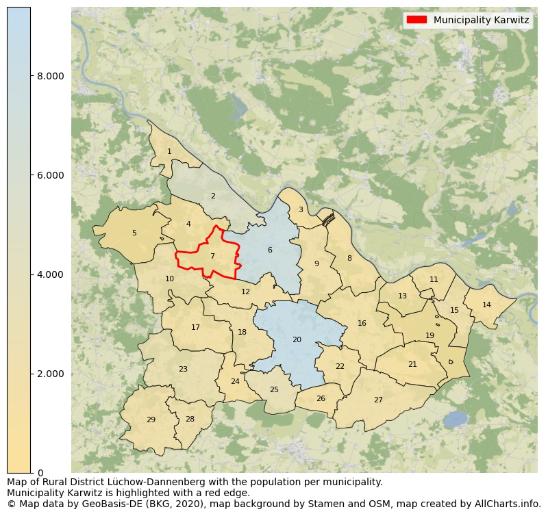 Map of Rural district Lüchow-Dannenberg with the population per municipality.Municipality Karwitz is highlighted with a red edge.. This page shows a lot of information about residents (such as the distribution by age groups, family composition, gender, native or German with an immigration background, ...), homes (numbers, types, price development, use, type of property, ...) and more (car ownership, energy consumption, ...) based on open data from the German Federal Agency for Cartography, the Federal Statistical Office (DESTATIS), the Regional Statistical Offices and various other sources!