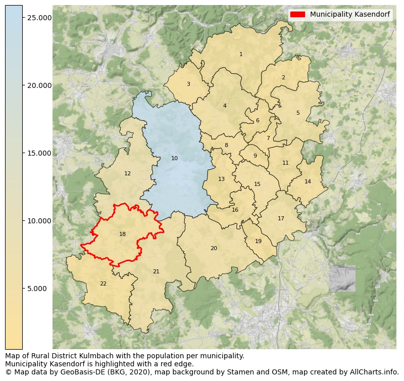 Map of Rural district Kulmbach with the population per municipality.Municipality Kasendorf is highlighted with a red edge.. This page shows a lot of information about residents (such as the distribution by age groups, family composition, gender, native or German with an immigration background, ...), homes (numbers, types, price development, use, type of property, ...) and more (car ownership, energy consumption, ...) based on open data from the German Federal Agency for Cartography, the Federal Statistical Office (DESTATIS), the Regional Statistical Offices and various other sources!