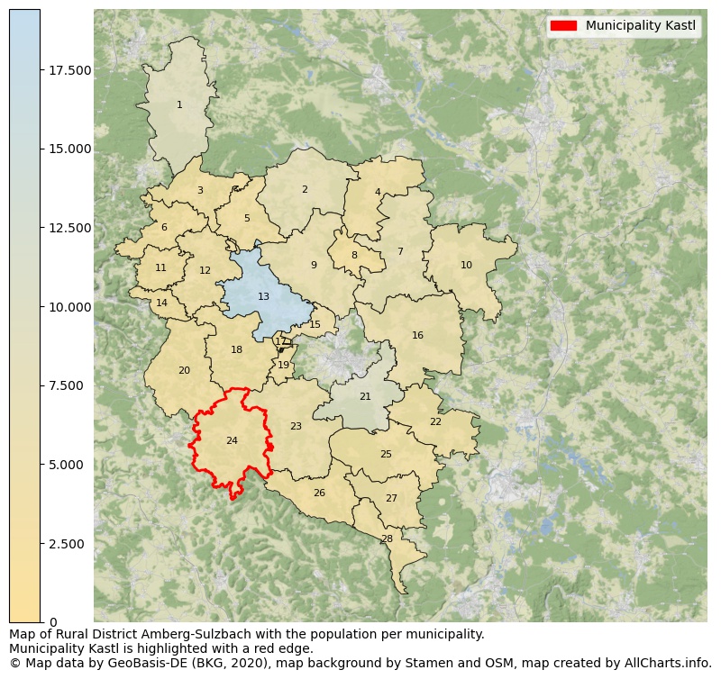 Map of Rural district Amberg-Sulzbach with the population per municipality.Municipality Kastl is highlighted with a red edge.. This page shows a lot of information about residents (such as the distribution by age groups, family composition, gender, native or German with an immigration background, ...), homes (numbers, types, price development, use, type of property, ...) and more (car ownership, energy consumption, ...) based on open data from the German Federal Agency for Cartography, the Federal Statistical Office (DESTATIS), the Regional Statistical Offices and various other sources!
