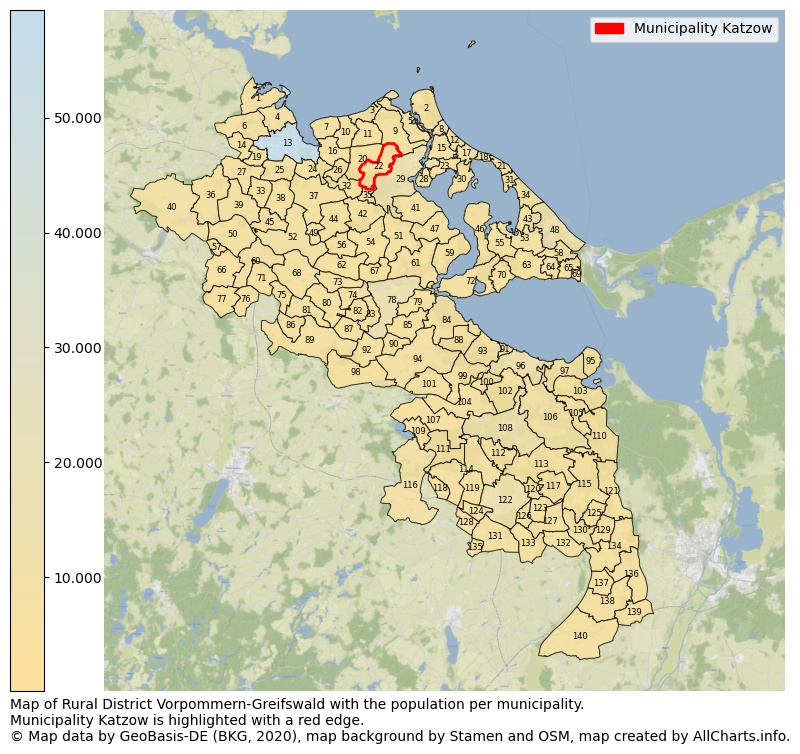 Map of Rural district Vorpommern-Greifswald with the population per municipality.Municipality Katzow is highlighted with a red edge.. This page shows a lot of information about residents (such as the distribution by age groups, family composition, gender, native or German with an immigration background, ...), homes (numbers, types, price development, use, type of property, ...) and more (car ownership, energy consumption, ...) based on open data from the German Federal Agency for Cartography, the Federal Statistical Office (DESTATIS), the Regional Statistical Offices and various other sources!