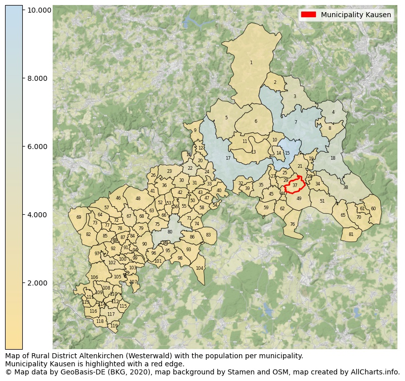 Map of Rural district Altenkirchen (Westerwald) with the population per municipality.Municipality Kausen is highlighted with a red edge.. This page shows a lot of information about residents (such as the distribution by age groups, family composition, gender, native or German with an immigration background, ...), homes (numbers, types, price development, use, type of property, ...) and more (car ownership, energy consumption, ...) based on open data from the German Federal Agency for Cartography, the Federal Statistical Office (DESTATIS), the Regional Statistical Offices and various other sources!