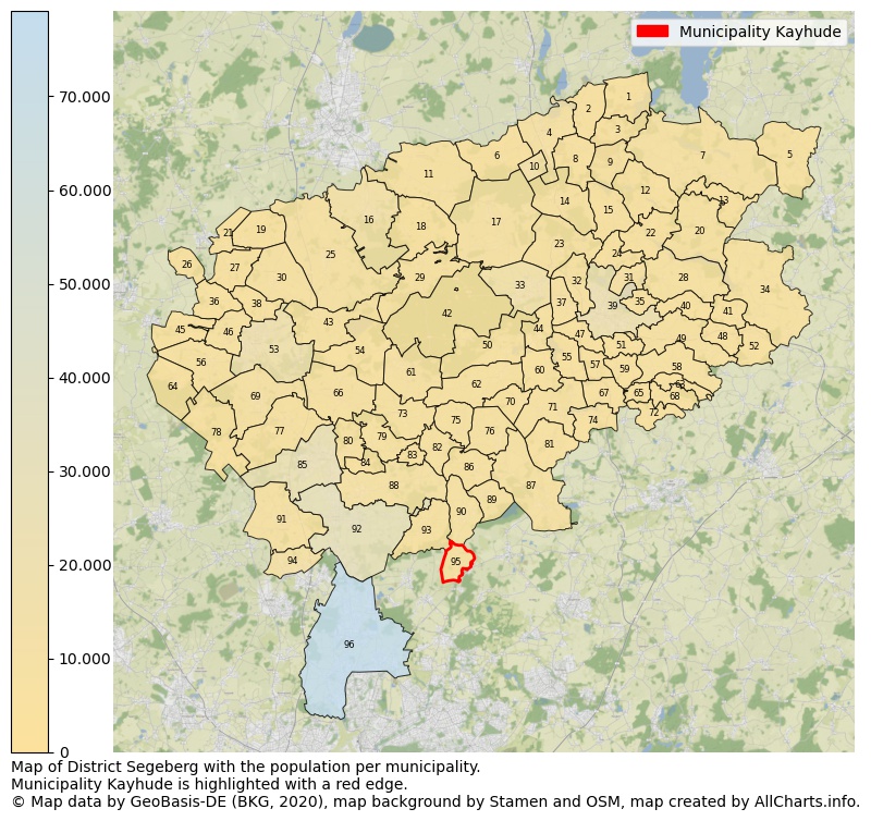 Map of District Segeberg with the population per municipality.Municipality Kayhude is highlighted with a red edge.. This page shows a lot of information about residents (such as the distribution by age groups, family composition, gender, native or German with an immigration background, ...), homes (numbers, types, price development, use, type of property, ...) and more (car ownership, energy consumption, ...) based on open data from the German Federal Agency for Cartography, the Federal Statistical Office (DESTATIS), the Regional Statistical Offices and various other sources!
