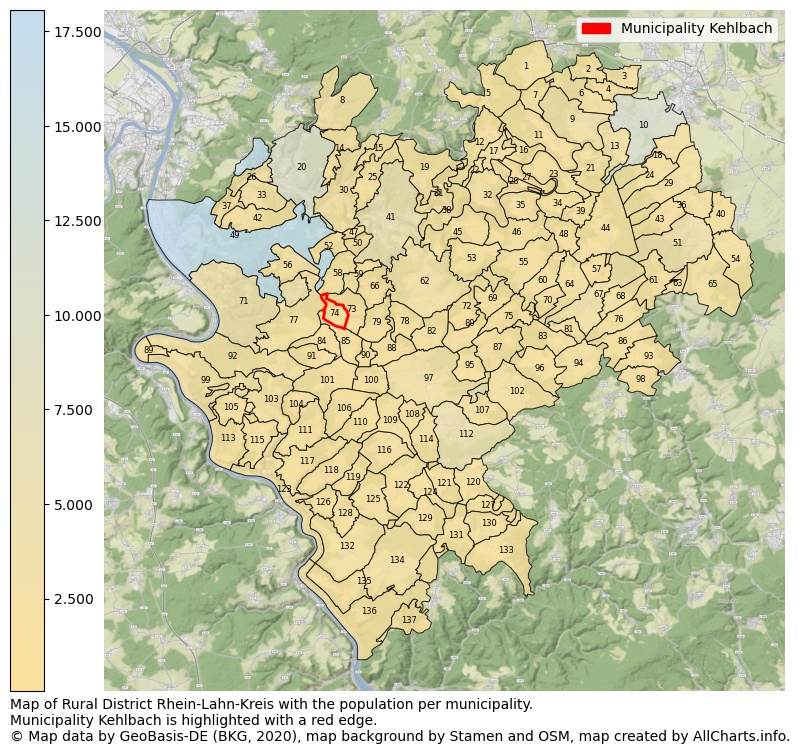 Map of Rural district Rhein-Lahn-Kreis with the population per municipality.Municipality Kehlbach is highlighted with a red edge.. This page shows a lot of information about residents (such as the distribution by age groups, family composition, gender, native or German with an immigration background, ...), homes (numbers, types, price development, use, type of property, ...) and more (car ownership, energy consumption, ...) based on open data from the German Federal Agency for Cartography, the Federal Statistical Office (DESTATIS), the Regional Statistical Offices and various other sources!