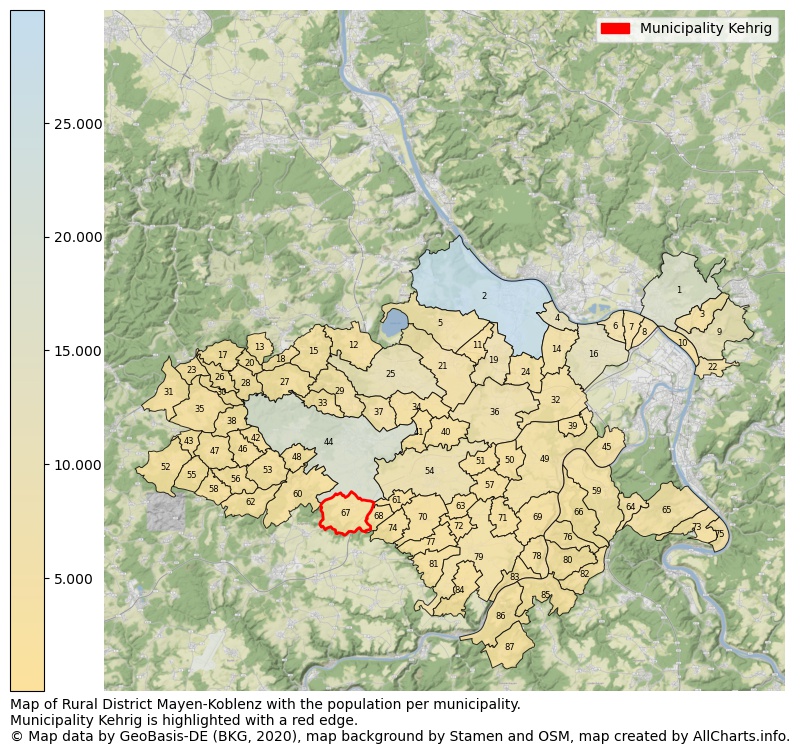 Map of Rural district Mayen-Koblenz with the population per municipality.Municipality Kehrig is highlighted with a red edge.. This page shows a lot of information about residents (such as the distribution by age groups, family composition, gender, native or German with an immigration background, ...), homes (numbers, types, price development, use, type of property, ...) and more (car ownership, energy consumption, ...) based on open data from the German Federal Agency for Cartography, the Federal Statistical Office (DESTATIS), the Regional Statistical Offices and various other sources!