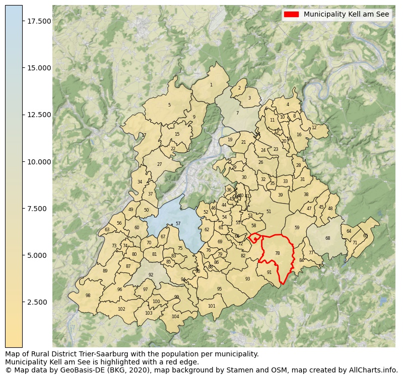 Map of Rural district Trier-Saarburg with the population per municipality.Municipality Kell am See is highlighted with a red edge.. This page shows a lot of information about residents (such as the distribution by age groups, family composition, gender, native or German with an immigration background, ...), homes (numbers, types, price development, use, type of property, ...) and more (car ownership, energy consumption, ...) based on open data from the German Federal Agency for Cartography, the Federal Statistical Office (DESTATIS), the Regional Statistical Offices and various other sources!
