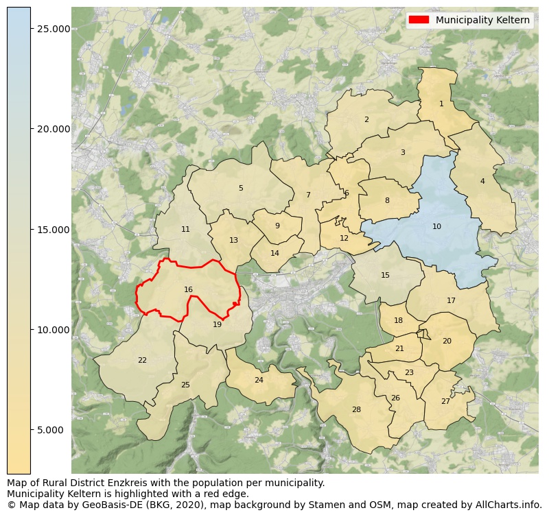 Map of Rural district Enzkreis with the population per municipality.Municipality Keltern is highlighted with a red edge.. This page shows a lot of information about residents (such as the distribution by age groups, family composition, gender, native or German with an immigration background, ...), homes (numbers, types, price development, use, type of property, ...) and more (car ownership, energy consumption, ...) based on open data from the German Federal Agency for Cartography, the Federal Statistical Office (DESTATIS), the Regional Statistical Offices and various other sources!