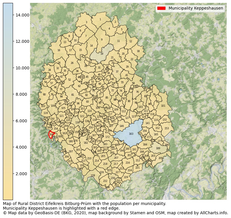 Map of Rural district Eifelkreis Bitburg-Prüm with the population per municipality.Municipality Keppeshausen is highlighted with a red edge.. This page shows a lot of information about residents (such as the distribution by age groups, family composition, gender, native or German with an immigration background, ...), homes (numbers, types, price development, use, type of property, ...) and more (car ownership, energy consumption, ...) based on open data from the German Federal Agency for Cartography, the Federal Statistical Office (DESTATIS), the Regional Statistical Offices and various other sources!