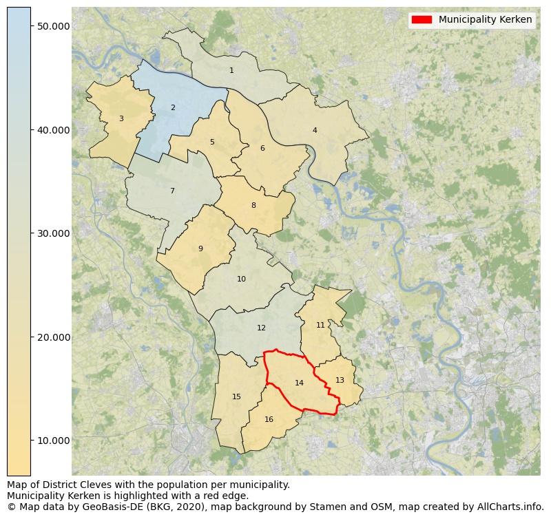 Map of District Cleves with the population per municipality.Municipality Kerken is highlighted with a red edge.. This page shows a lot of information about residents (such as the distribution by age groups, family composition, gender, native or German with an immigration background, ...), homes (numbers, types, price development, use, type of property, ...) and more (car ownership, energy consumption, ...) based on open data from the German Federal Agency for Cartography, the Federal Statistical Office (DESTATIS), the Regional Statistical Offices and various other sources!