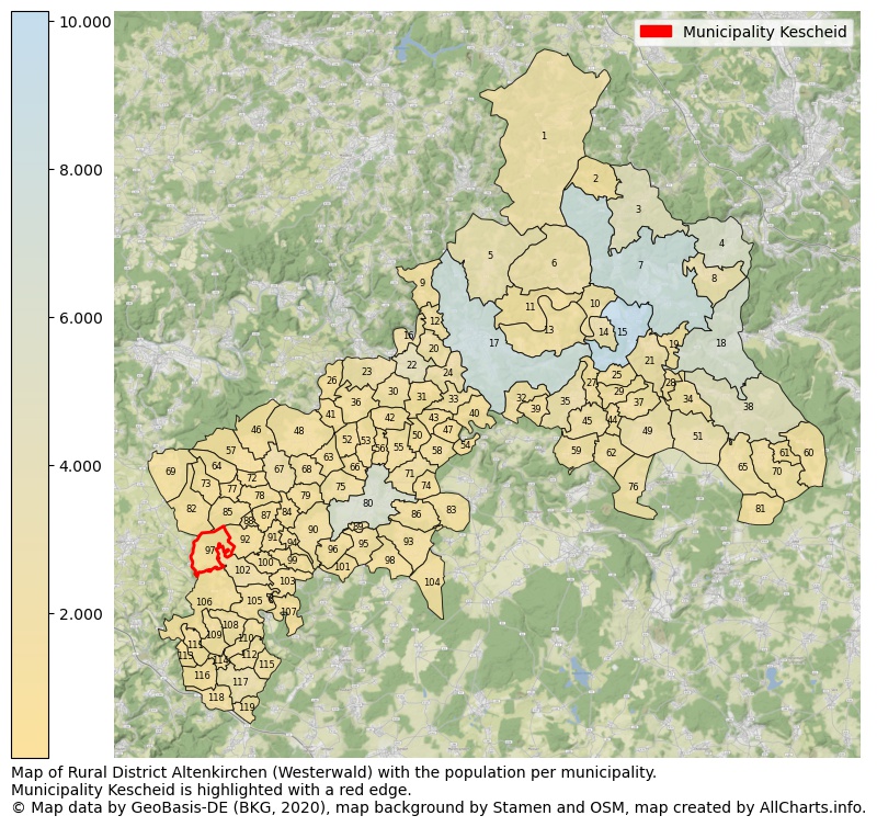Map of Rural district Altenkirchen (Westerwald) with the population per municipality.Municipality Kescheid is highlighted with a red edge.. This page shows a lot of information about residents (such as the distribution by age groups, family composition, gender, native or German with an immigration background, ...), homes (numbers, types, price development, use, type of property, ...) and more (car ownership, energy consumption, ...) based on open data from the German Federal Agency for Cartography, the Federal Statistical Office (DESTATIS), the Regional Statistical Offices and various other sources!