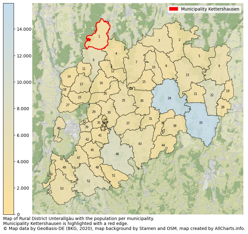 Map of Rural district Unterallgäu with the population per municipality.Municipality Kettershausen is highlighted with a red edge.. This page shows a lot of information about residents (such as the distribution by age groups, family composition, gender, native or German with an immigration background, ...), homes (numbers, types, price development, use, type of property, ...) and more (car ownership, energy consumption, ...) based on open data from the German Federal Agency for Cartography, the Federal Statistical Office (DESTATIS), the Regional Statistical Offices and various other sources!