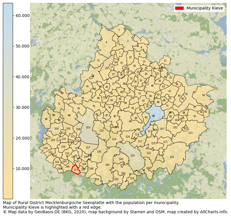 Map of Rural district Mecklenburgische Seenplatte with the population per municipality.Municipality Kieve is highlighted with a red edge.. This page shows a lot of information about residents (such as the distribution by age groups, family composition, gender, native or German with an immigration background, ...), homes (numbers, types, price development, use, type of property, ...) and more (car ownership, energy consumption, ...) based on open data from the German Federal Agency for Cartography, the Federal Statistical Office (DESTATIS), the Regional Statistical Offices and various other sources!