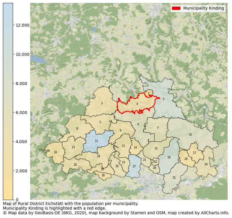 Map of Rural district Eichstätt with the population per municipality.Municipality Kinding is highlighted with a red edge.. This page shows a lot of information about residents (such as the distribution by age groups, family composition, gender, native or German with an immigration background, ...), homes (numbers, types, price development, use, type of property, ...) and more (car ownership, energy consumption, ...) based on open data from the German Federal Agency for Cartography, the Federal Statistical Office (DESTATIS), the Regional Statistical Offices and various other sources!