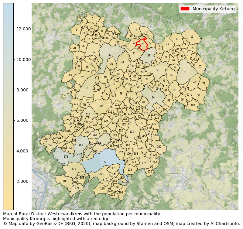 Map of Rural district Westerwaldkreis with the population per municipality.Municipality Kirburg is highlighted with a red edge.. This page shows a lot of information about residents (such as the distribution by age groups, family composition, gender, native or German with an immigration background, ...), homes (numbers, types, price development, use, type of property, ...) and more (car ownership, energy consumption, ...) based on open data from the German Federal Agency for Cartography, the Federal Statistical Office (DESTATIS), the Regional Statistical Offices and various other sources!