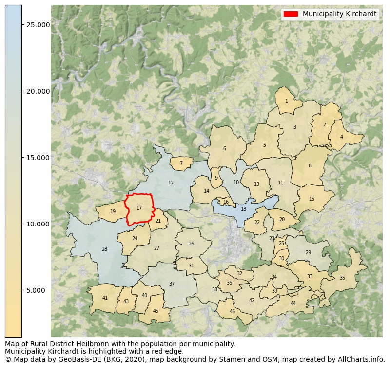 Map of Rural district Heilbronn with the population per municipality.Municipality Kirchardt is highlighted with a red edge.. This page shows a lot of information about residents (such as the distribution by age groups, family composition, gender, native or German with an immigration background, ...), homes (numbers, types, price development, use, type of property, ...) and more (car ownership, energy consumption, ...) based on open data from the German Federal Agency for Cartography, the Federal Statistical Office (DESTATIS), the Regional Statistical Offices and various other sources!