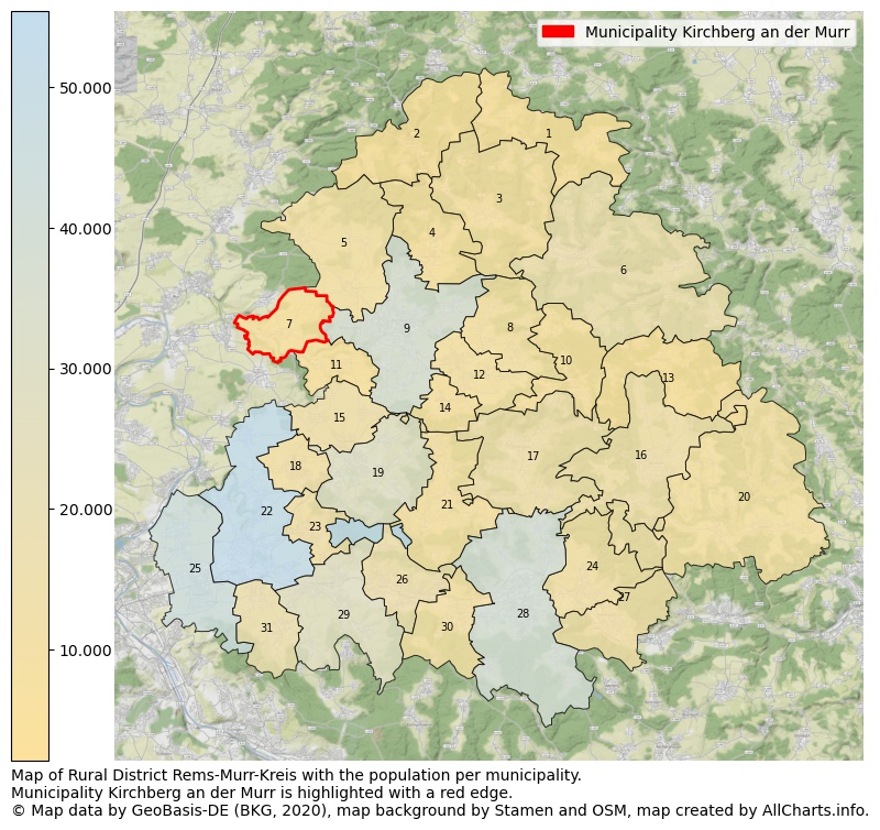 Map of Rural district Rems-Murr-Kreis with the population per municipality.Municipality Kirchberg an der Murr is highlighted with a red edge.. This page shows a lot of information about residents (such as the distribution by age groups, family composition, gender, native or German with an immigration background, ...), homes (numbers, types, price development, use, type of property, ...) and more (car ownership, energy consumption, ...) based on open data from the German Federal Agency for Cartography, the Federal Statistical Office (DESTATIS), the Regional Statistical Offices and various other sources!