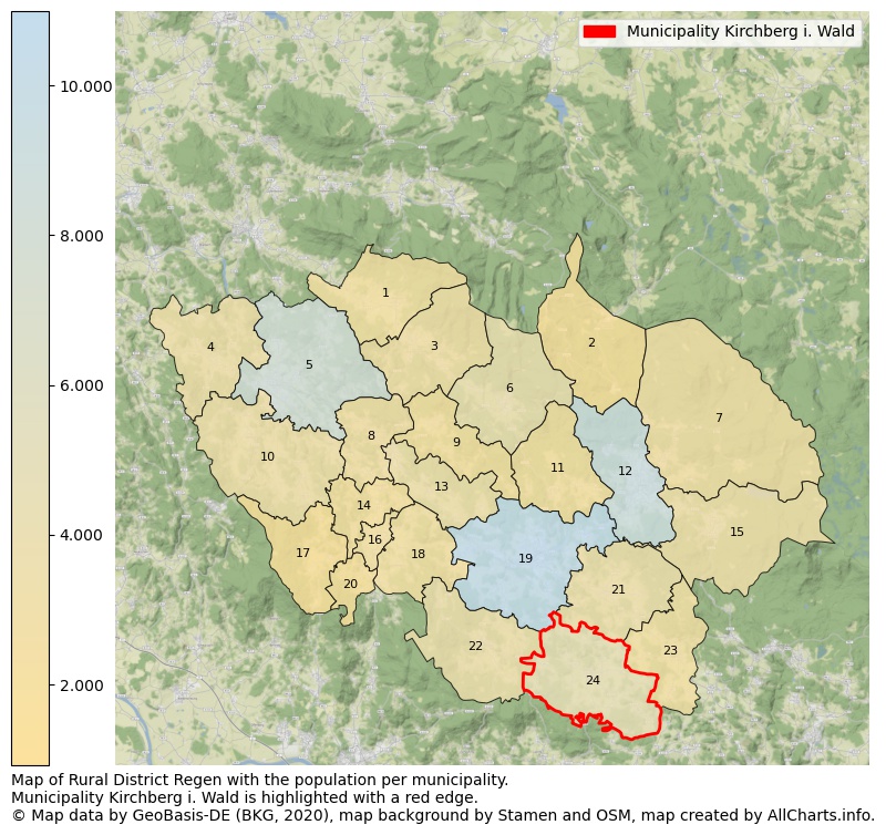 Map of Rural district Regen with the population per municipality.Municipality Kirchberg i. Wald is highlighted with a red edge.. This page shows a lot of information about residents (such as the distribution by age groups, family composition, gender, native or German with an immigration background, ...), homes (numbers, types, price development, use, type of property, ...) and more (car ownership, energy consumption, ...) based on open data from the German Federal Agency for Cartography, the Federal Statistical Office (DESTATIS), the Regional Statistical Offices and various other sources!