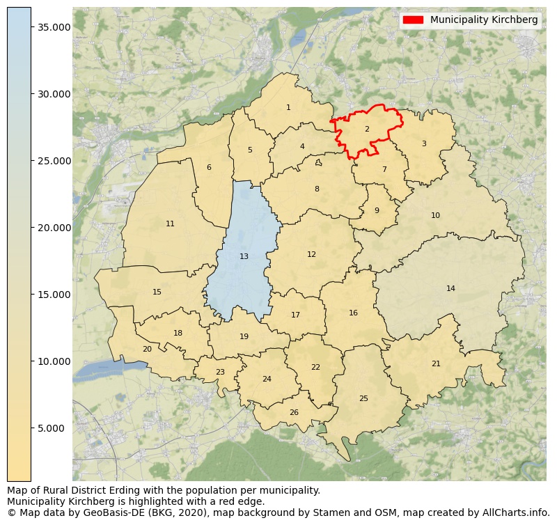 Map of Rural district Erding with the population per municipality.Municipality Kirchberg is highlighted with a red edge.. This page shows a lot of information about residents (such as the distribution by age groups, family composition, gender, native or German with an immigration background, ...), homes (numbers, types, price development, use, type of property, ...) and more (car ownership, energy consumption, ...) based on open data from the German Federal Agency for Cartography, the Federal Statistical Office (DESTATIS), the Regional Statistical Offices and various other sources!