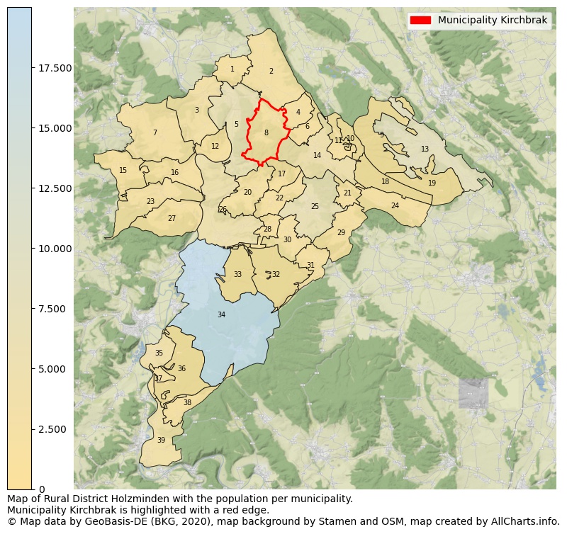 Map of Rural district Holzminden with the population per municipality.Municipality Kirchbrak is highlighted with a red edge.. This page shows a lot of information about residents (such as the distribution by age groups, family composition, gender, native or German with an immigration background, ...), homes (numbers, types, price development, use, type of property, ...) and more (car ownership, energy consumption, ...) based on open data from the German Federal Agency for Cartography, the Federal Statistical Office (DESTATIS), the Regional Statistical Offices and various other sources!