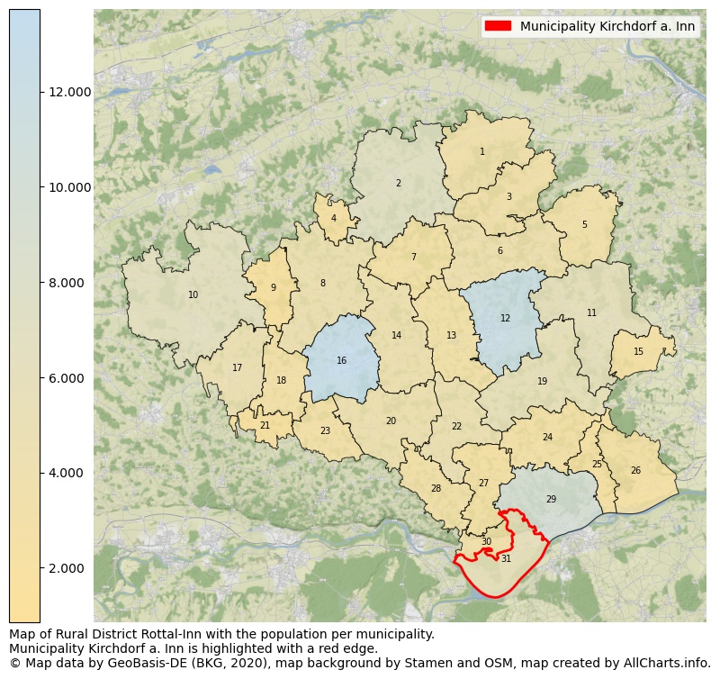 Map of Rural district Rottal-Inn with the population per municipality.Municipality Kirchdorf a. Inn is highlighted with a red edge.. This page shows a lot of information about residents (such as the distribution by age groups, family composition, gender, native or German with an immigration background, ...), homes (numbers, types, price development, use, type of property, ...) and more (car ownership, energy consumption, ...) based on open data from the German Federal Agency for Cartography, the Federal Statistical Office (DESTATIS), the Regional Statistical Offices and various other sources!