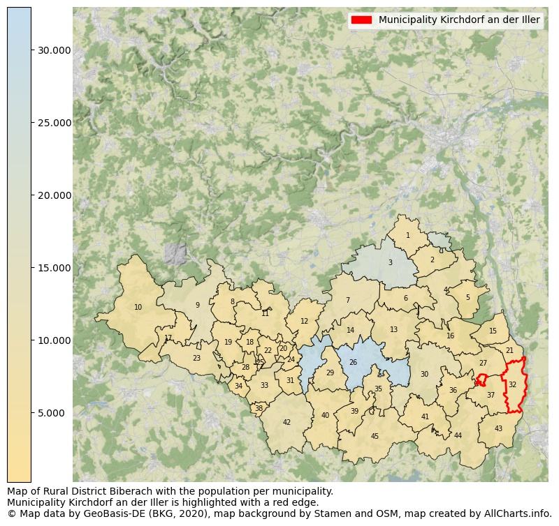 Map of Rural district Biberach with the population per municipality.Municipality Kirchdorf an der Iller is highlighted with a red edge.. This page shows a lot of information about residents (such as the distribution by age groups, family composition, gender, native or German with an immigration background, ...), homes (numbers, types, price development, use, type of property, ...) and more (car ownership, energy consumption, ...) based on open data from the German Federal Agency for Cartography, the Federal Statistical Office (DESTATIS), the Regional Statistical Offices and various other sources!