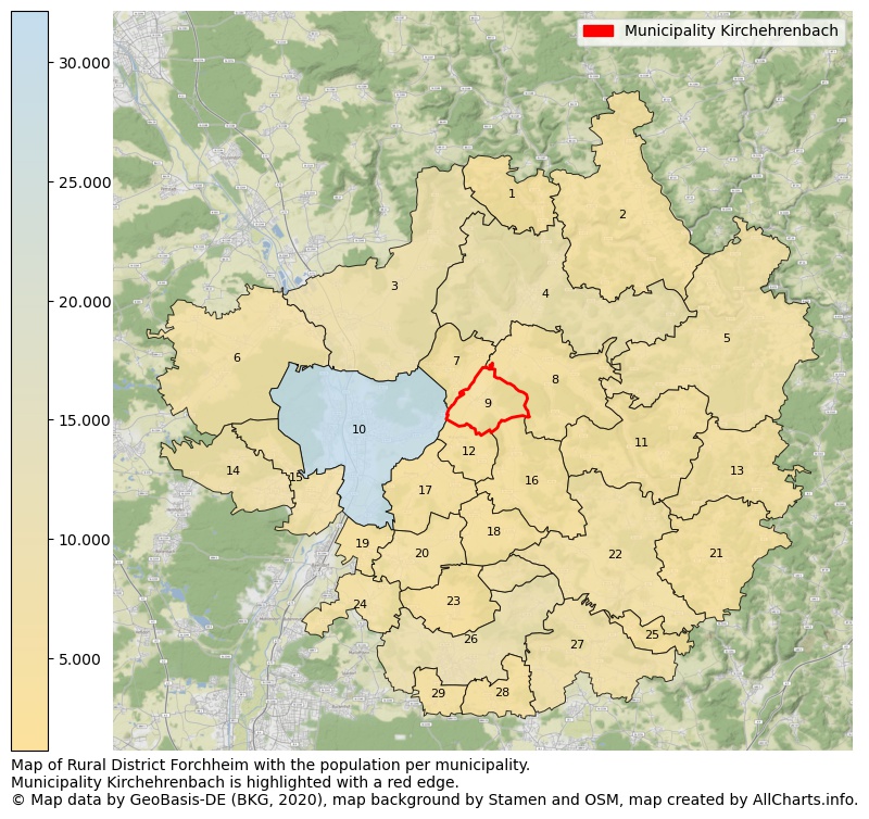 Map of Rural district Forchheim with the population per municipality.Municipality Kirchehrenbach is highlighted with a red edge.. This page shows a lot of information about residents (such as the distribution by age groups, family composition, gender, native or German with an immigration background, ...), homes (numbers, types, price development, use, type of property, ...) and more (car ownership, energy consumption, ...) based on open data from the German Federal Agency for Cartography, the Federal Statistical Office (DESTATIS), the Regional Statistical Offices and various other sources!