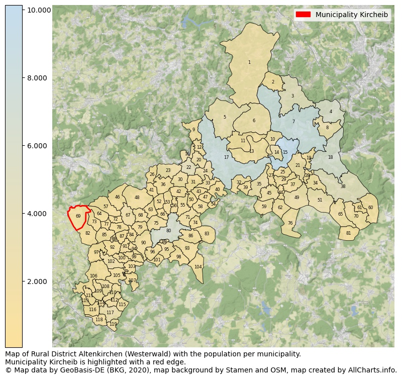 Map of Rural district Altenkirchen (Westerwald) with the population per municipality.Municipality Kircheib is highlighted with a red edge.. This page shows a lot of information about residents (such as the distribution by age groups, family composition, gender, native or German with an immigration background, ...), homes (numbers, types, price development, use, type of property, ...) and more (car ownership, energy consumption, ...) based on open data from the German Federal Agency for Cartography, the Federal Statistical Office (DESTATIS), the Regional Statistical Offices and various other sources!