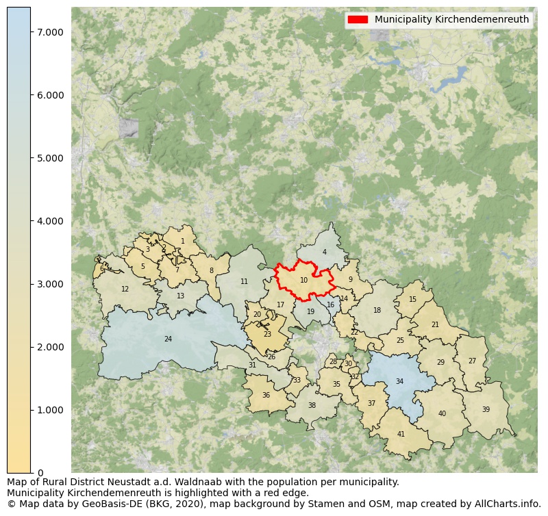 Map of Rural district Neustadt a.d. Waldnaab with the population per municipality.Municipality Kirchendemenreuth is highlighted with a red edge.. This page shows a lot of information about residents (such as the distribution by age groups, family composition, gender, native or German with an immigration background, ...), homes (numbers, types, price development, use, type of property, ...) and more (car ownership, energy consumption, ...) based on open data from the German Federal Agency for Cartography, the Federal Statistical Office (DESTATIS), the Regional Statistical Offices and various other sources!