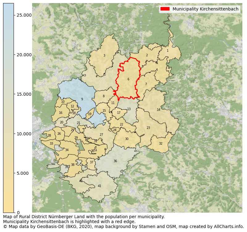 Map of Rural district Nürnberger Land with the population per municipality.Municipality Kirchensittenbach is highlighted with a red edge.. This page shows a lot of information about residents (such as the distribution by age groups, family composition, gender, native or German with an immigration background, ...), homes (numbers, types, price development, use, type of property, ...) and more (car ownership, energy consumption, ...) based on open data from the German Federal Agency for Cartography, the Federal Statistical Office (DESTATIS), the Regional Statistical Offices and various other sources!