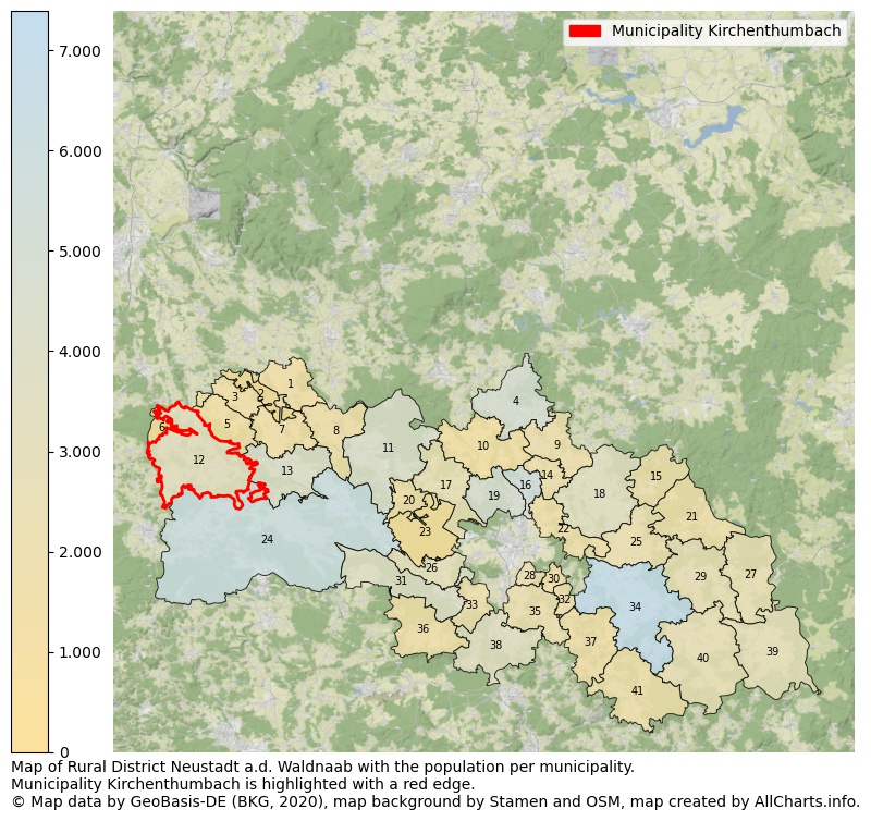 Map of Rural district Neustadt a.d. Waldnaab with the population per municipality.Municipality Kirchenthumbach is highlighted with a red edge.. This page shows a lot of information about residents (such as the distribution by age groups, family composition, gender, native or German with an immigration background, ...), homes (numbers, types, price development, use, type of property, ...) and more (car ownership, energy consumption, ...) based on open data from the German Federal Agency for Cartography, the Federal Statistical Office (DESTATIS), the Regional Statistical Offices and various other sources!