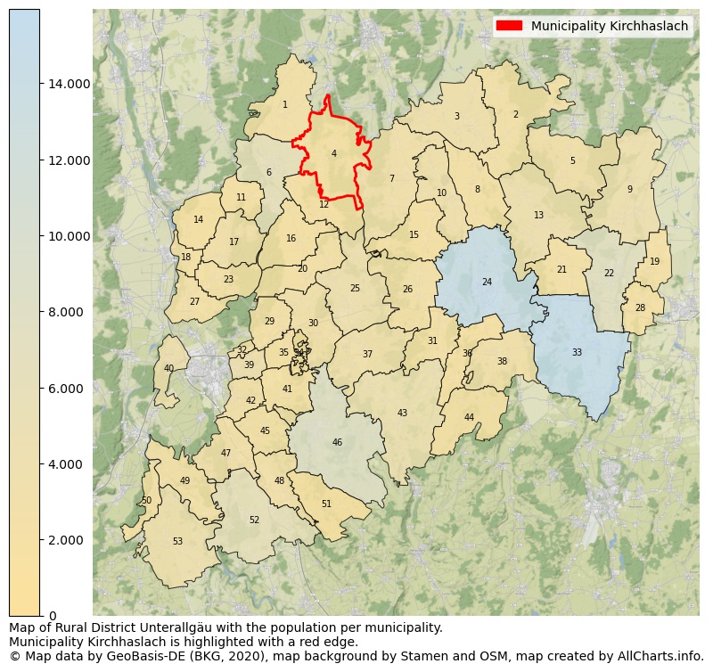 Map of Rural district Unterallgäu with the population per municipality.Municipality Kirchhaslach is highlighted with a red edge.. This page shows a lot of information about residents (such as the distribution by age groups, family composition, gender, native or German with an immigration background, ...), homes (numbers, types, price development, use, type of property, ...) and more (car ownership, energy consumption, ...) based on open data from the German Federal Agency for Cartography, the Federal Statistical Office (DESTATIS), the Regional Statistical Offices and various other sources!