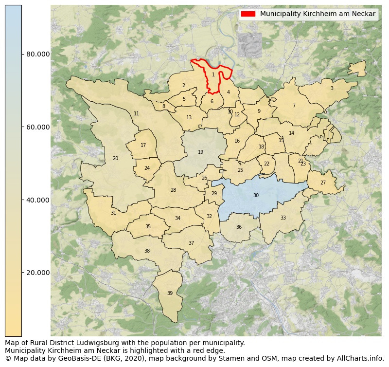 Map of Rural district Ludwigsburg with the population per municipality.Municipality Kirchheim am Neckar is highlighted with a red edge.. This page shows a lot of information about residents (such as the distribution by age groups, family composition, gender, native or German with an immigration background, ...), homes (numbers, types, price development, use, type of property, ...) and more (car ownership, energy consumption, ...) based on open data from the German Federal Agency for Cartography, the Federal Statistical Office (DESTATIS), the Regional Statistical Offices and various other sources!