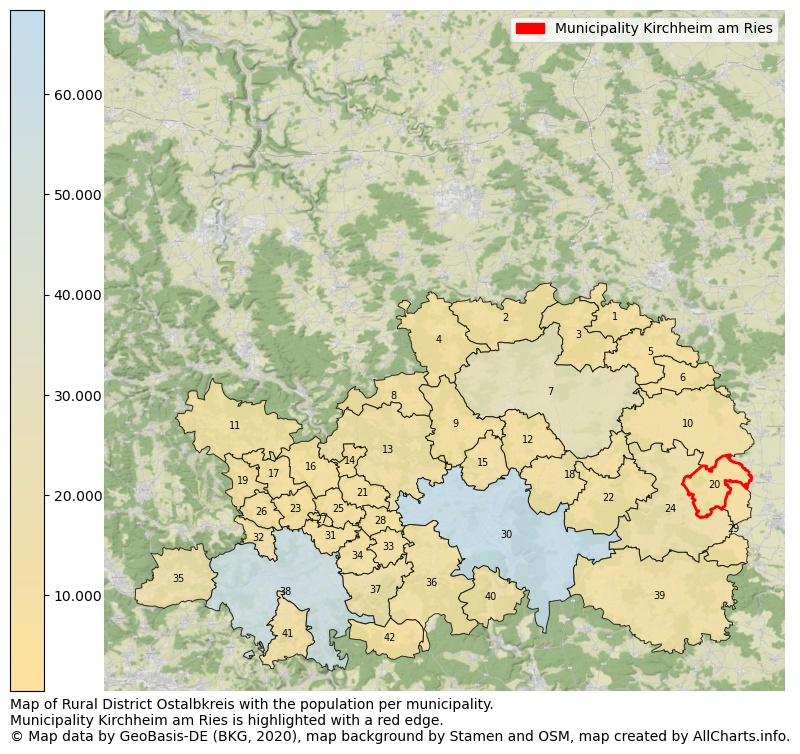 Map of Rural district Ostalbkreis with the population per municipality.Municipality Kirchheim am Ries is highlighted with a red edge.. This page shows a lot of information about residents (such as the distribution by age groups, family composition, gender, native or German with an immigration background, ...), homes (numbers, types, price development, use, type of property, ...) and more (car ownership, energy consumption, ...) based on open data from the German Federal Agency for Cartography, the Federal Statistical Office (DESTATIS), the Regional Statistical Offices and various other sources!