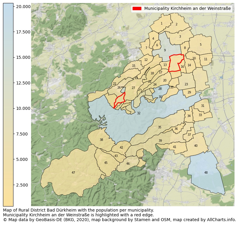 Map of Rural district Bad Dürkheim with the population per municipality.Municipality Kirchheim an der Weinstraße is highlighted with a red edge.. This page shows a lot of information about residents (such as the distribution by age groups, family composition, gender, native or German with an immigration background, ...), homes (numbers, types, price development, use, type of property, ...) and more (car ownership, energy consumption, ...) based on open data from the German Federal Agency for Cartography, the Federal Statistical Office (DESTATIS), the Regional Statistical Offices and various other sources!