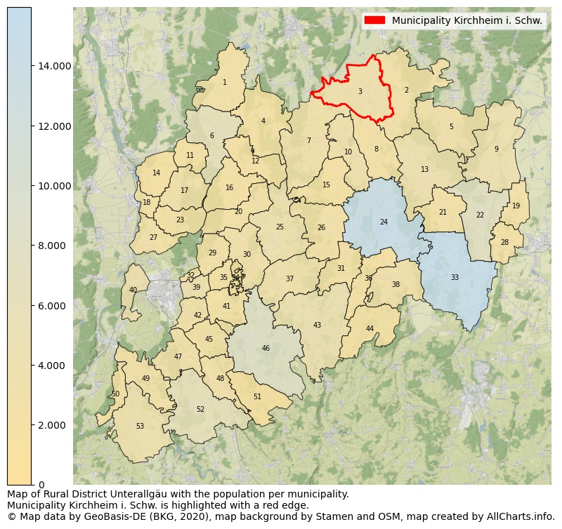 Map of Rural district Unterallgäu with the population per municipality.Municipality Kirchheim i. Schw. is highlighted with a red edge.. This page shows a lot of information about residents (such as the distribution by age groups, family composition, gender, native or German with an immigration background, ...), homes (numbers, types, price development, use, type of property, ...) and more (car ownership, energy consumption, ...) based on open data from the German Federal Agency for Cartography, the Federal Statistical Office (DESTATIS), the Regional Statistical Offices and various other sources!