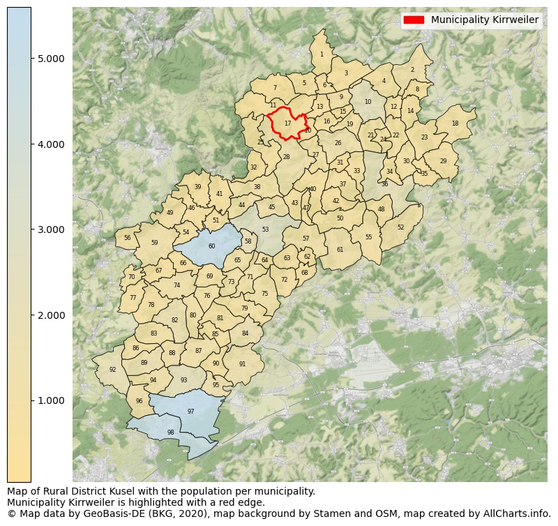 Map of Rural district Kusel with the population per municipality.Municipality Kirrweiler is highlighted with a red edge.. This page shows a lot of information about residents (such as the distribution by age groups, family composition, gender, native or German with an immigration background, ...), homes (numbers, types, price development, use, type of property, ...) and more (car ownership, energy consumption, ...) based on open data from the German Federal Agency for Cartography, the Federal Statistical Office (DESTATIS), the Regional Statistical Offices and various other sources!