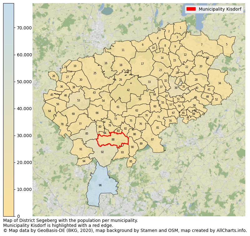 Map of District Segeberg with the population per municipality.Municipality Kisdorf is highlighted with a red edge.. This page shows a lot of information about residents (such as the distribution by age groups, family composition, gender, native or German with an immigration background, ...), homes (numbers, types, price development, use, type of property, ...) and more (car ownership, energy consumption, ...) based on open data from the German Federal Agency for Cartography, the Federal Statistical Office (DESTATIS), the Regional Statistical Offices and various other sources!