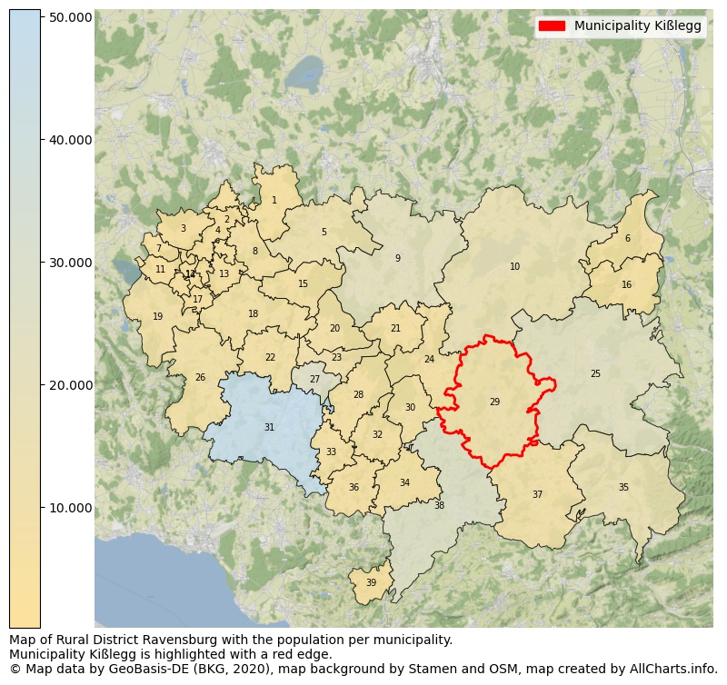 Map of Rural district Ravensburg with the population per municipality.Municipality Kißlegg is highlighted with a red edge.. This page shows a lot of information about residents (such as the distribution by age groups, family composition, gender, native or German with an immigration background, ...), homes (numbers, types, price development, use, type of property, ...) and more (car ownership, energy consumption, ...) based on open data from the German Federal Agency for Cartography, the Federal Statistical Office (DESTATIS), the Regional Statistical Offices and various other sources!