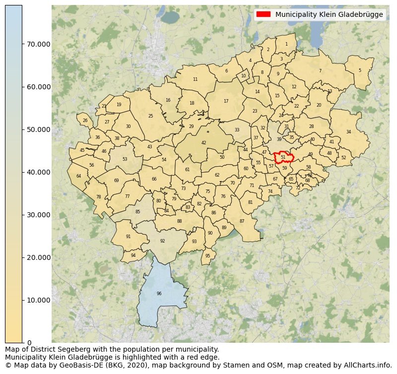 Map of District Segeberg with the population per municipality.Municipality Klein Gladebrügge is highlighted with a red edge.. This page shows a lot of information about residents (such as the distribution by age groups, family composition, gender, native or German with an immigration background, ...), homes (numbers, types, price development, use, type of property, ...) and more (car ownership, energy consumption, ...) based on open data from the German Federal Agency for Cartography, the Federal Statistical Office (DESTATIS), the Regional Statistical Offices and various other sources!