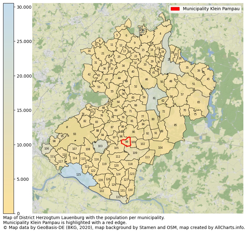 Map of District Herzogtum Lauenburg with the population per municipality.Municipality Klein Pampau is highlighted with a red edge.. This page shows a lot of information about residents (such as the distribution by age groups, family composition, gender, native or German with an immigration background, ...), homes (numbers, types, price development, use, type of property, ...) and more (car ownership, energy consumption, ...) based on open data from the German Federal Agency for Cartography, the Federal Statistical Office (DESTATIS), the Regional Statistical Offices and various other sources!