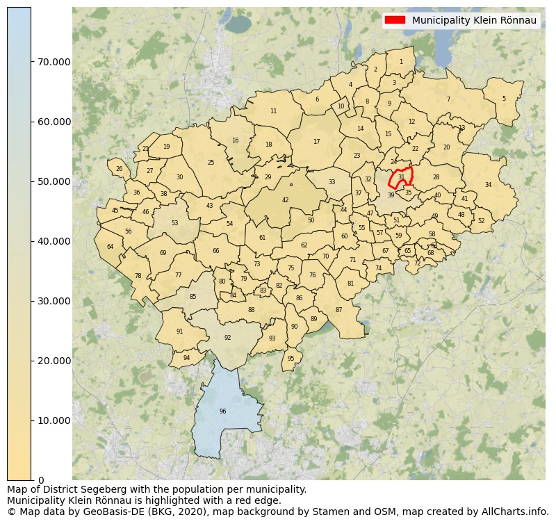 Map of District Segeberg with the population per municipality.Municipality Klein Rönnau is highlighted with a red edge.. This page shows a lot of information about residents (such as the distribution by age groups, family composition, gender, native or German with an immigration background, ...), homes (numbers, types, price development, use, type of property, ...) and more (car ownership, energy consumption, ...) based on open data from the German Federal Agency for Cartography, the Federal Statistical Office (DESTATIS), the Regional Statistical Offices and various other sources!