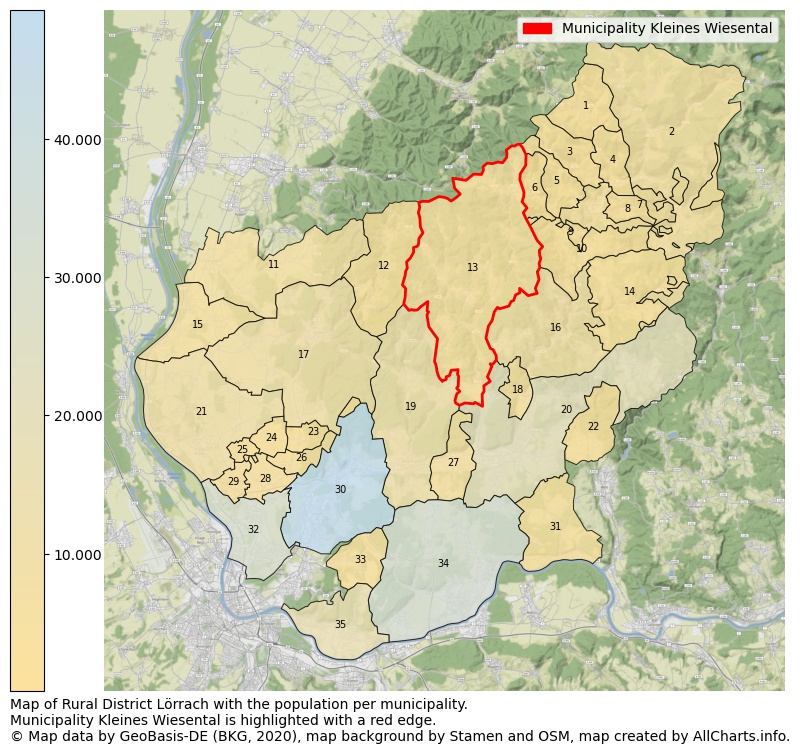 Map of Rural district Lörrach with the population per municipality.Municipality Kleines Wiesental is highlighted with a red edge.. This page shows a lot of information about residents (such as the distribution by age groups, family composition, gender, native or German with an immigration background, ...), homes (numbers, types, price development, use, type of property, ...) and more (car ownership, energy consumption, ...) based on open data from the German Federal Agency for Cartography, the Federal Statistical Office (DESTATIS), the Regional Statistical Offices and various other sources!